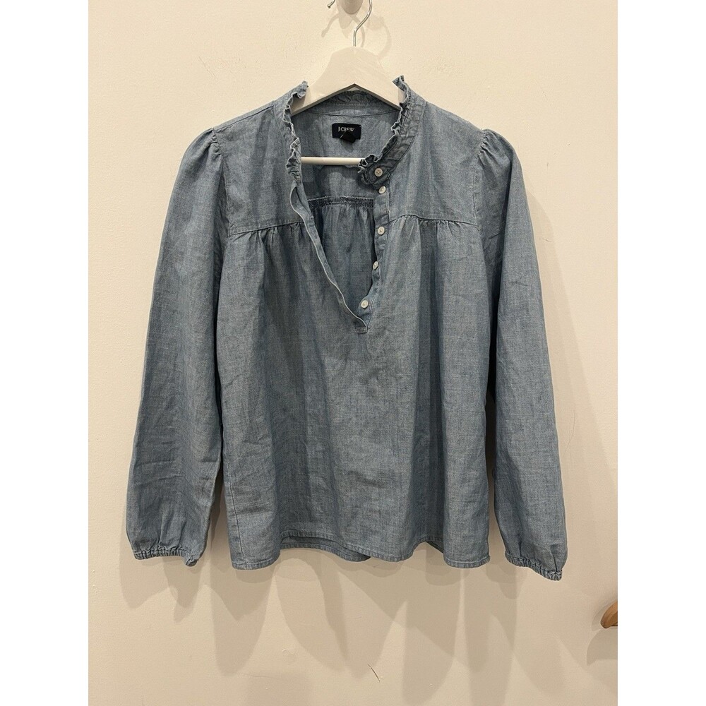 J Crew Chambray Ruffleneck Popover Sz S Boho Peasant romantic prairie chic